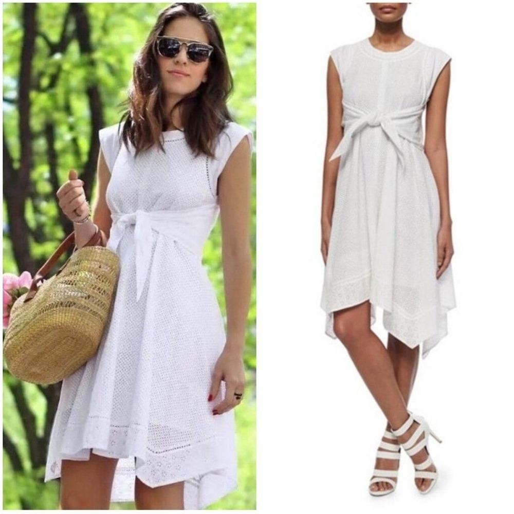 Rebecca Taylor Dress Women‎ 2 White Netted Eyelet Tie Waist Cap Sleeve Midi Boho